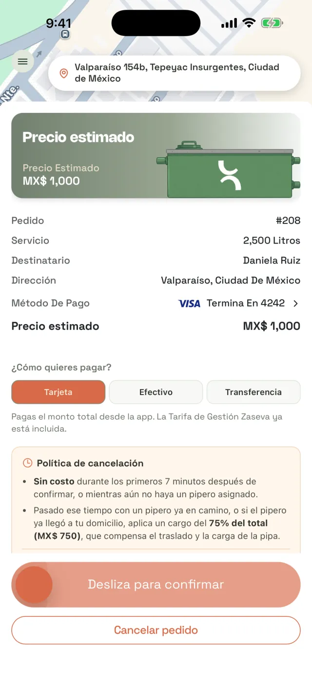 Precio estimado y método de pago antes de confirmar el pedido