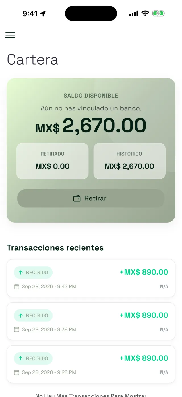 Cartera del pipero con su saldo y transacciones